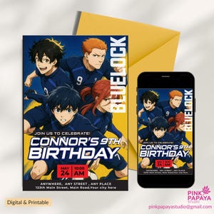 Invitación de cumpleaños de Manga Madness / Edición Bluelock con Nagi, Bachira e Isagi, invitación a fiesta, invitación de feliz cumpleaños, invitación electrónica,