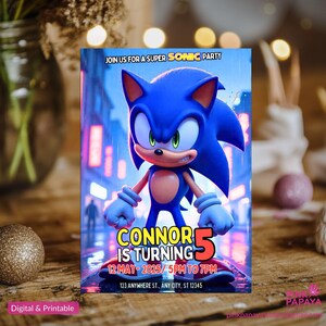 Faire-part d'anniversaire Sonic, Super Hedgehog Boys Party inviter, Faire-part de fête Super Sonic, modèle d'invitation Sonic modifiable, modèle Canva