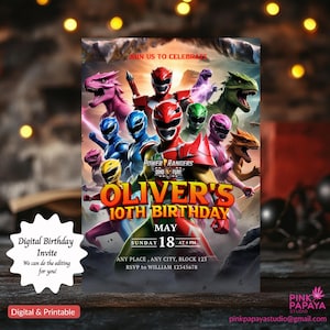 May include: A digital birthday invitation featuring the Power Rangers Dino Fury characters. The invitation is red, yellow, blue, green, and pink with a black background. The text reads "Join us to celebrate Oliver's 10th Birthday, Sunday May 18 at 4 PM, Any Place, Any City, Block 125, RSVP to William 12345678".