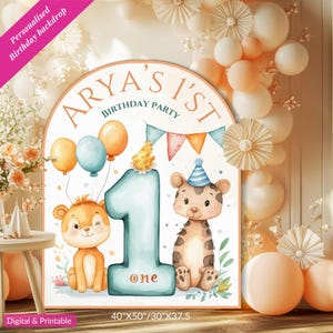 Personalisierte / bearbeitbare 2. Geburtstag Kulisse, süße Tiere Karte, Geschenk für sie / ihn, personalisierte Datum, neutrale Pastellfarben, Willkommensbrett