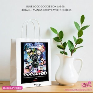 Etiquetas para caixa de brindes Manga Madness Birthday Blue Lock - Adesivos editáveis para festa de mangá | Edição Bluelock com Nagi, Bachira e Isagi, festa