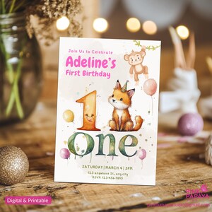 Cartão de primeiro aniversário personalizado/editável, cartão com animais fofos, presente para ela/ele, data personalizada, cores neutras em tons pastel,