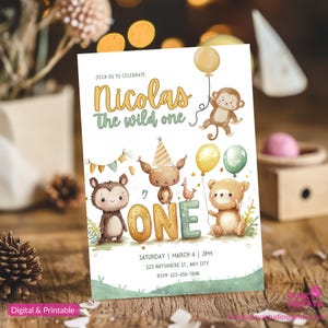 Cartão de primeiro aniversário personalizado/editável, cartão com animais fofos, presente para ela/ele, data personalizada, cores neutras em tons pastel,