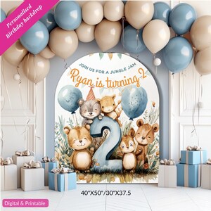 Personalisierte / bearbeitbare 2. Geburtstag Kulisse, süße Tiere Karte, Geschenk für sie / ihn, personalisierte Datum, neutrale Pastellfarben, Willkommensbrett