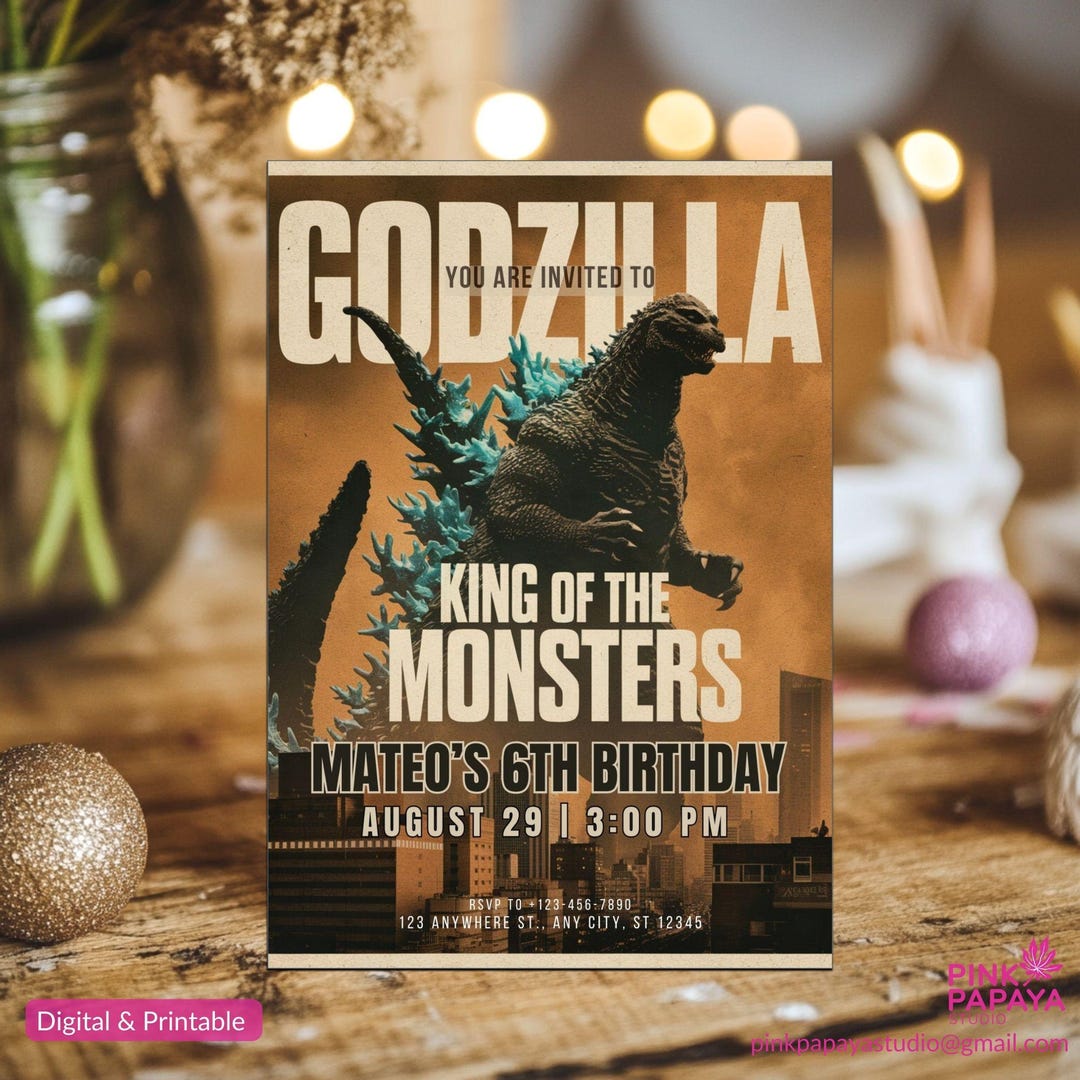 Godzilla Invites Godzilla Customized Birthday Invitation, Godzilla party,digital ...