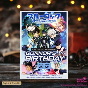 Manga Madness Einladung | Bluelock Edition mit Nagi, Bachira & Isagi, Party einladen, alles Gute zum Geburtstag einladen, E-Invite,