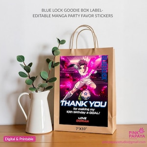 Etiquetas para caixa de brindes Manga Madness Birthday Blue Lock - Adesivos editáveis para festa de mangá | Edição Bluelock com Nagi, Bachira e Isagi, festa