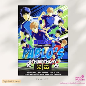 Convite de aniversário Manga Madness | Edição Bluelock com Nagi, Bachira e Isagi, convite para festa, convite de feliz aniversário, convite eletrônico,