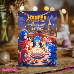Faire-part d'anniversaire Sonic, Super Hedgehog Boys Party inviter, Faire-part de fête Super Sonic, modèle d'invitation Sonic modifiable, modèle Canva