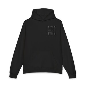 May include: A black hooded sweatshirt featuring a white graphic print on the upper left chest. The print consists of seven lines of binary code, specifically the numbers 01100110, 01110101, 01100011, 01101011, 01101111, 01100110, and 01100110.