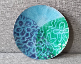 Blue Green and Purple Flower Small Enameled Bowl - OOAK - Glass and Copper - Modern - Ring Dish - Change Dish - Trinket Dish
