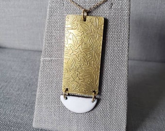 Floral Etched Brass Pendant with White Enameled Half Moon - comes with 18" brass chain - Modern Necklace - OOAK - Flower Necklace - Enamel