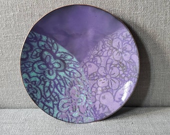 Purple Blue and Green Songbird Small Enameled Bowl - OOAK - Glass and Copper - Modern - Ring Dish - Change Dish - Trinket Dish