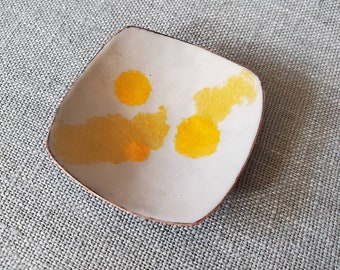 Yellow and Gray Enameled Ring Bowl - OOAK - Vitreous Enamel - Glass and Copper - Modern - Ring Dish - Change Dish