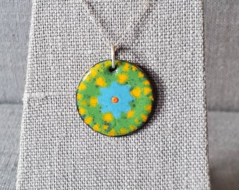 Blue Flower Enameled Pendant with Sterling Silver Chain