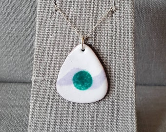 White Teal and Lavender Enameled Pendant with Sterling Silver Chain - Dot necklace - Swoop - Jazz - 90s - Modern - OOAK - Enamel Necklace