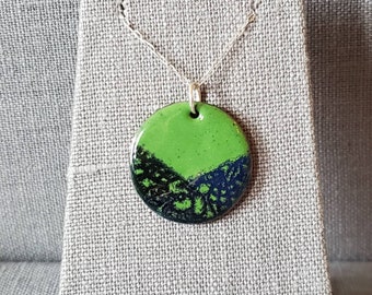 Green, Navy, Deep Purple Pendant with Sterling Silver Chain - Green Necklace - Sgraffito - Floral Necklace - Enamel Pendant - Glass Pendant