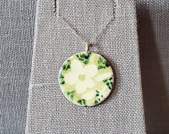 Green and Cream Floral Enameled Pendant with Sterling Silver Chain - Flower Necklace - Enameled Pendant - Enamel Necklace - Flower Pendant