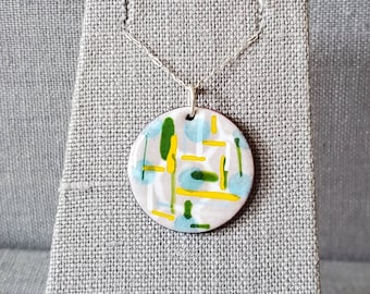 Abstract Lines Enameled Pendant with Sterling Silver Chain - Gray Necklace - Lined Pendant - Mondrian - mid century modern style necklace