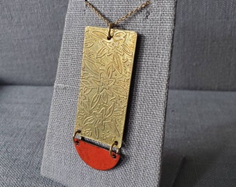 Floral Etched Brass Pendant with Red Enameled Half Moon - comes with 18" brass chain - Modern Necklace - OOAK - Flower Necklace - Enamel