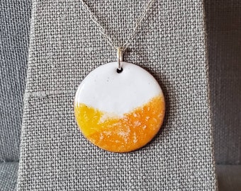 Citrus Enameled Pendant with Sterling Silver Chain - Orange Necklace - Unique Pendant - OOAK - Enamel Necklace - Enamel Pendant - Yellow