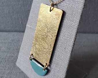 Floral Etched Brass Pendant with Blue Green Enameled Half Moon - comes with 18" brass chain - Modern Necklace - OOAK - Flower Necklace