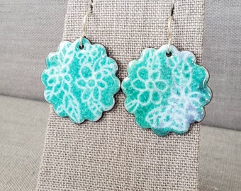 Hand- Drawn Flower Enameled Earrings - Enamel Earrings - Asymmetrical Earrings - Sgraffito Earrings - Glass Earrings - Teal Earrings - OOAK