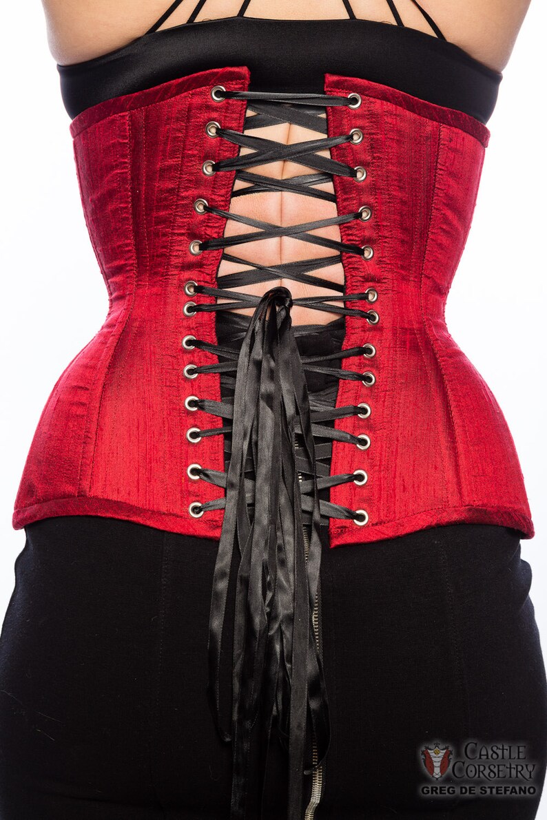 Red Silk Long Line Waist-Training Corset image 5