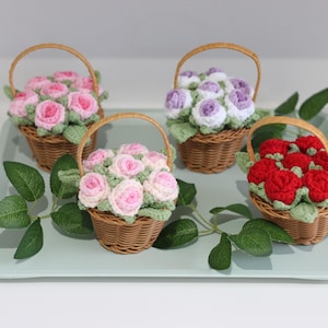 かぎ針編みのバラ、かぎ針編みの鉢植えの花、手作りの花、かぎ針編みのひまわり、かぎ針編みのイチゴ、かぎ針編みの花かご、手作りの花束