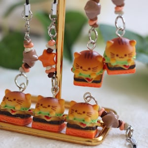 Cat Burger telefoonbedel, kat telefoonbedel, schattige telefoonbedel, handgemaakte telefoonbedel, kawaii tasketting, trendy telefoonriem, cadeau voor haar, bedel