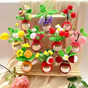May include: A collection of 10 crocheted flower pots with various fruit and flower designs. The pots are all different colours and have cute faces. The pots are arranged on a wooden shelf.