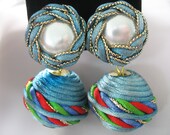Button & Ball Drop Earrings, Wrapped, Pearls, Satin Ribbons, Blue, Red, Green, Large Balls, Clip on Ears, Unique jewelry, Vintage 1970s