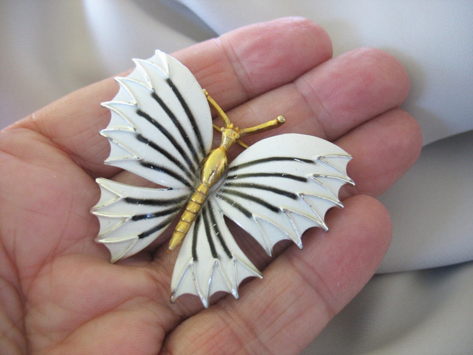 White Butterfly Brooch Pin Enamel Goldtone Body Black Etsy