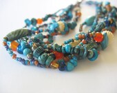 Beaded Strands Necklace Glass Turquoise Carnelian Dyed Bone 1980's Bohemian