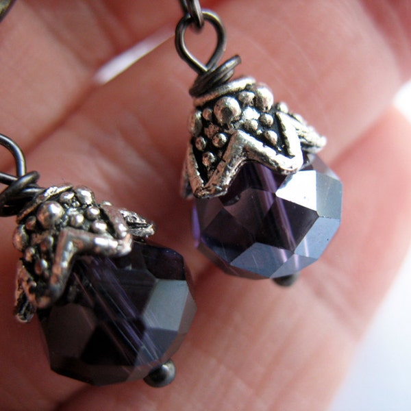 Faceted Purple Glass Earrings Antique Silver Bead Caps Dangle Gun Metal