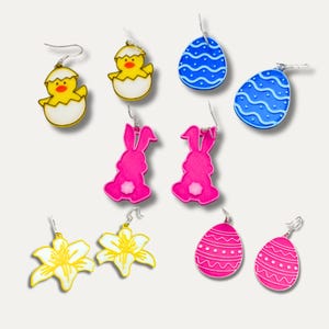 3D Printed Easter Charm Dangle Earrings: Bunny, Egg, Flower Designs, Spring Jewellery