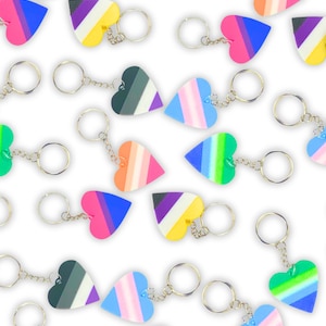 Könnte beinhalten: Herzförmige Schlüsselanhänger in verschiedenen Farben, darunter Rosa, Blau, Grün und Gelb, mit Regenbogenstreifen-Designs. Jeder Schlüsselanhänger hat einen silberfarbenen Ring und eine Kette. Die Schlüsselanhänger sind auf weißem Hintergrund verstreut.