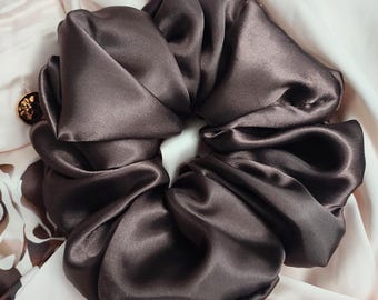 Brown Satin Scrunchie-handmade, Oversized or Large, soft hair elastic tie, chocolate satin scrunchie, strong elastic