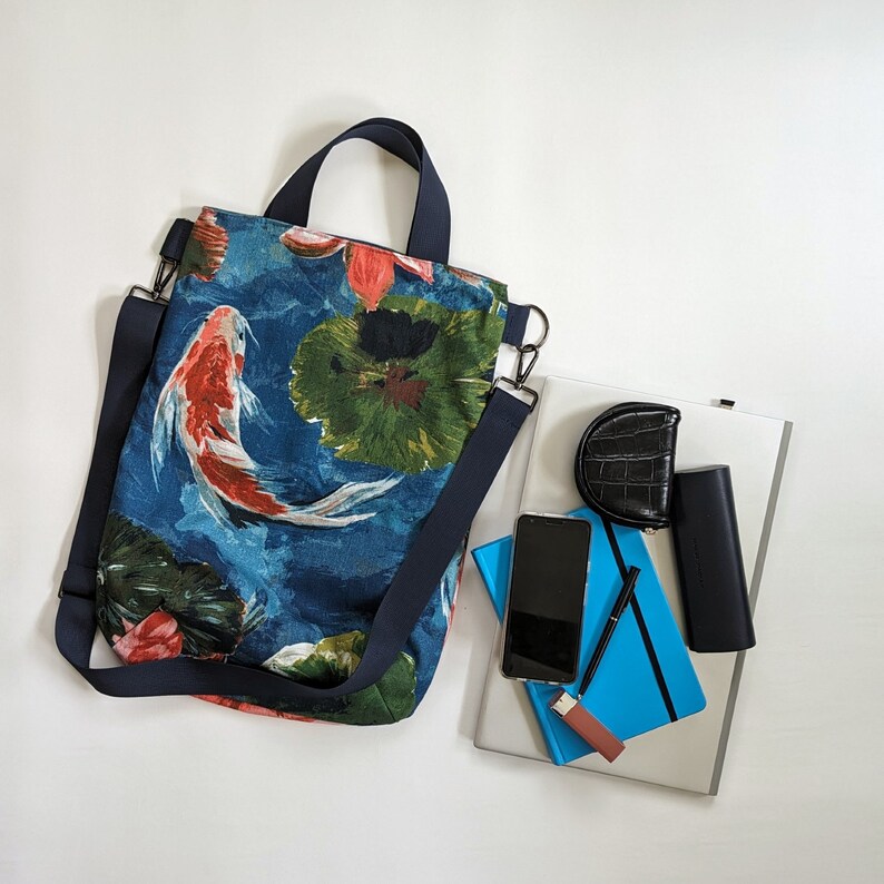 Large Koi Fish Bag Blue Koi Crossbody Bag Carry All Bag image 3