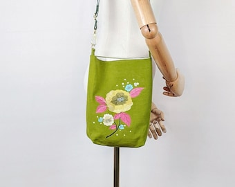 Small Crossbody Shoulder Bag In Chartreuse Green With Flower Embroidery