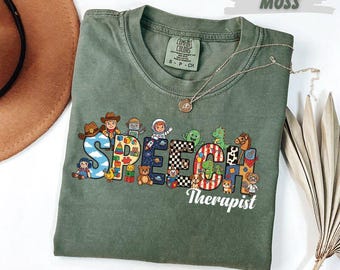 Comfort Colors®  Speech Therapist T-Shirt Toy Theme Colorful SLP Gift Shirt Speech Therapy Tee Fun Cartoon Letters