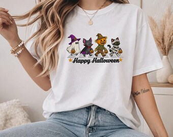 Happy Halloween Shirt with Cute Witch, Cat, Pumpkin, and Ghost Parade