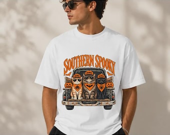 Southern Spooky Cat T-Shirt, Retro Halloween Truck Design for Adults and Kids