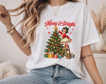 Christmas tree shirt Christmas Tree Graphic T-Shirt, Merry & Bright Vintage Holiday Top