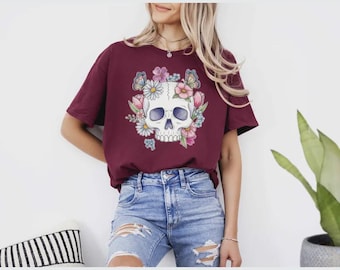 Floral Skull Shirt, Gothic Botanical T-Shirt Sweatshirt or Hoodie