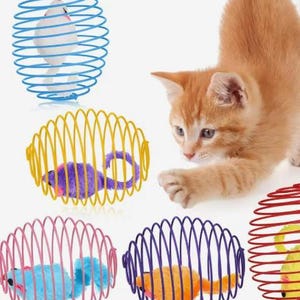 May include: A ginger kitten reaches toward several oval-shaped wire cages in blue, yellow, pink, purple, and red. Each cage contains a small, fuzzy, plush mouse toy in contrasting colors like white, purple, blue, orange, and yellow.