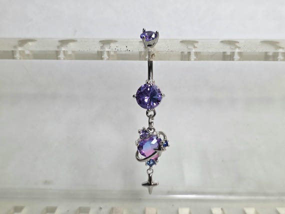 Lavender Heart Stars Titanium Belly Button Ring, Galaxy Love Charm Dangle Navel Jewelry