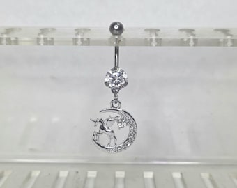Crescent Moon Unicorn Titanium Belly Button Ring, Silver Rhinestone Fantasy Navel Jewelry