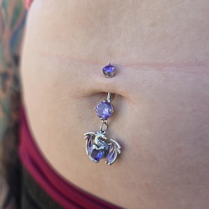 Lavender Silver Dragon Titanium Belly Button Ring, Fantasy Charm Navel Jewelry