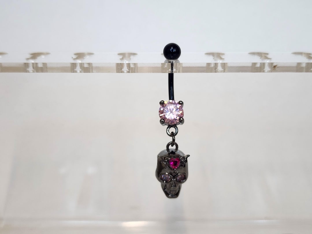 Pink & Black Skull Navel Jewelry, Girly Skeleton Belly Button Ring ...